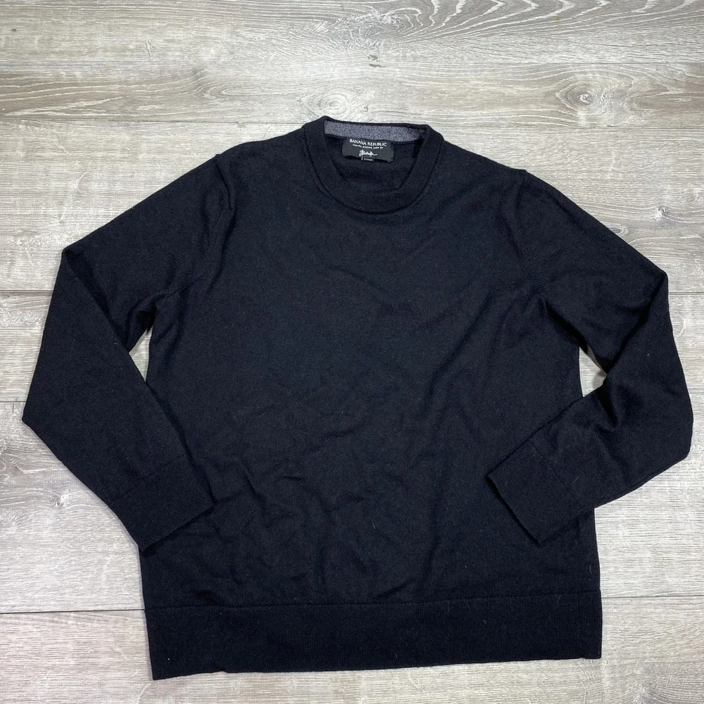 Banana Republic Sweater Mens Large Black Italian Merino Wool Crewneck‎ Pullover